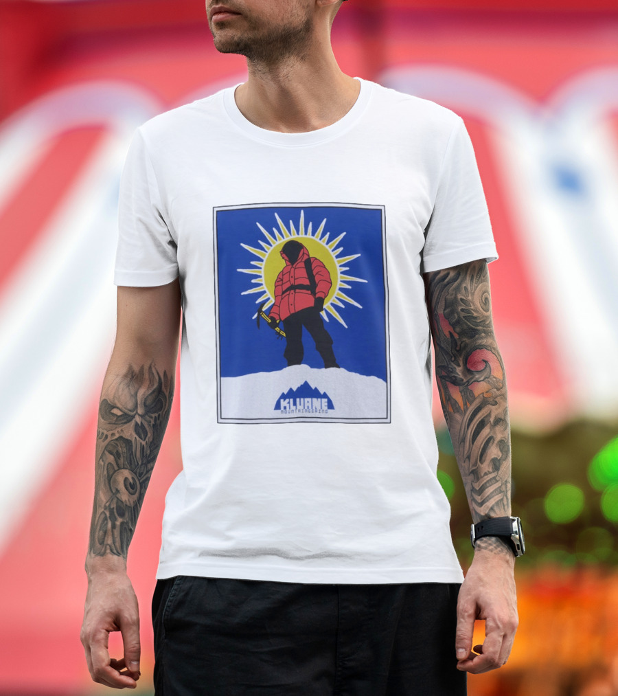 Kluane Mountaineering Hiker In Red Parka With Sunburst And Ice Axe T-Shirt