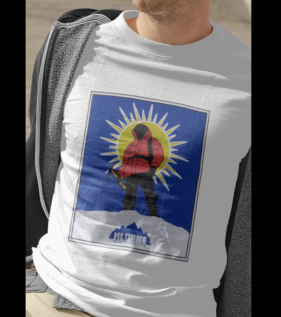 Kluane Mountaineering Hiker In Red Parka With Sunburst And Ice Axe T-Shirt