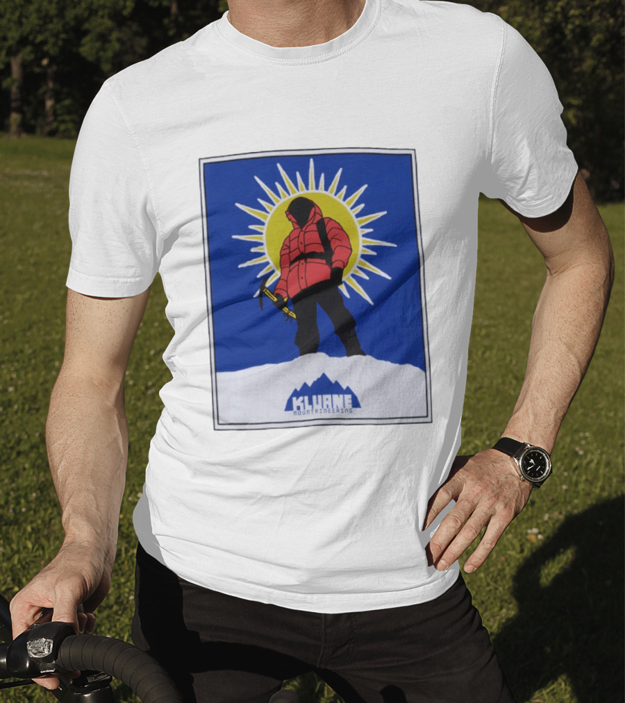 Kluane Mountaineering Hiker In Red Parka With Sunburst And Ice Axe T-Shirt