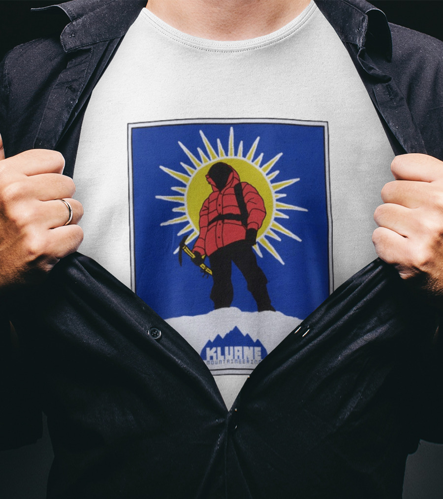 Kluane Mountaineering Hiker In Red Parka With Sunburst And Ice Axe T-Shirt