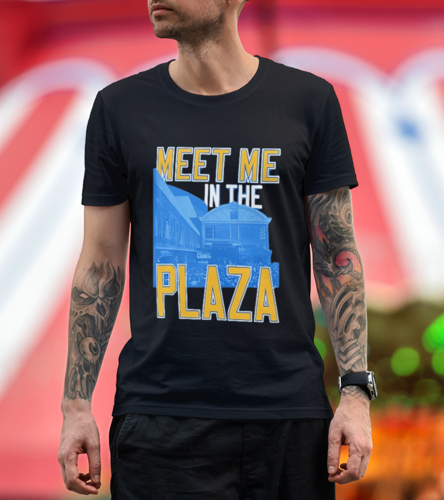 Meet Me in the Plaza Urban Architecture Blue and Yellow T-Shirt