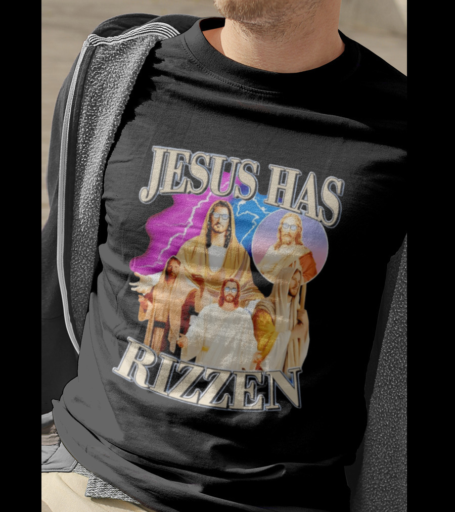 Jesus Has Rizz'en Meme Humor Lightning Vibes Sunglasses T-Shirt