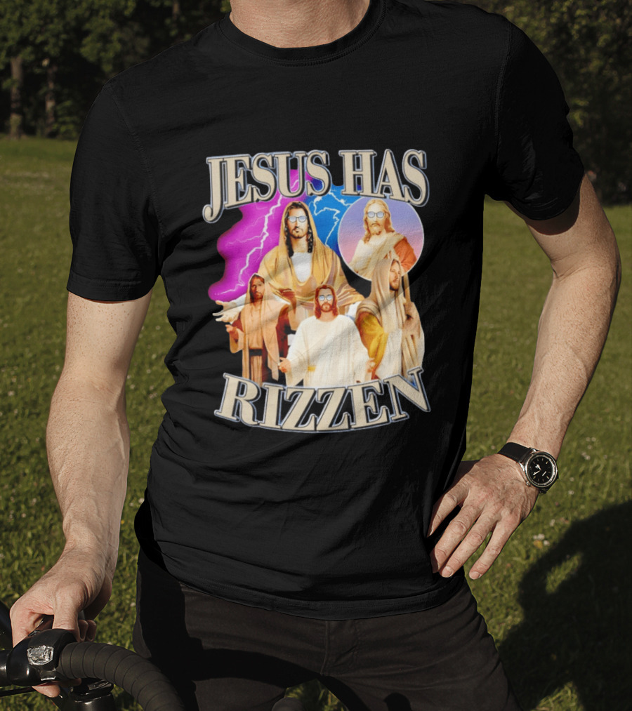 Jesus Has Rizz'en Meme Humor Lightning Vibes Sunglasses T-Shirt