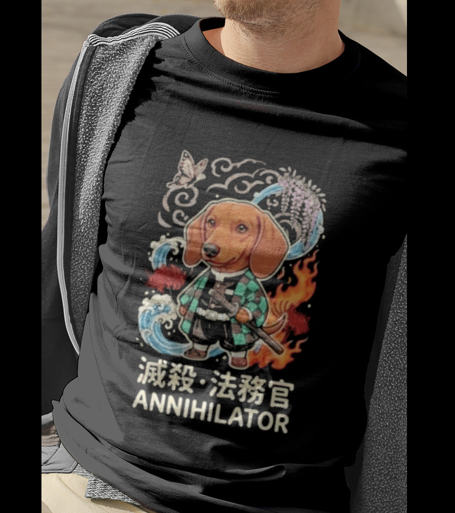 Annihilator Dachshund Kimono Kanji Flame Water Sword Butterfly T-Shirt