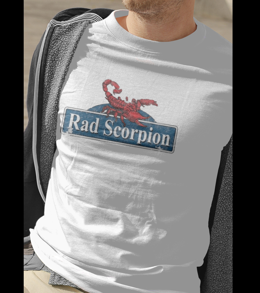 Rad Scorpion Retro Style Distressed Blue Street Sign With Red Scorpion T-Shirt