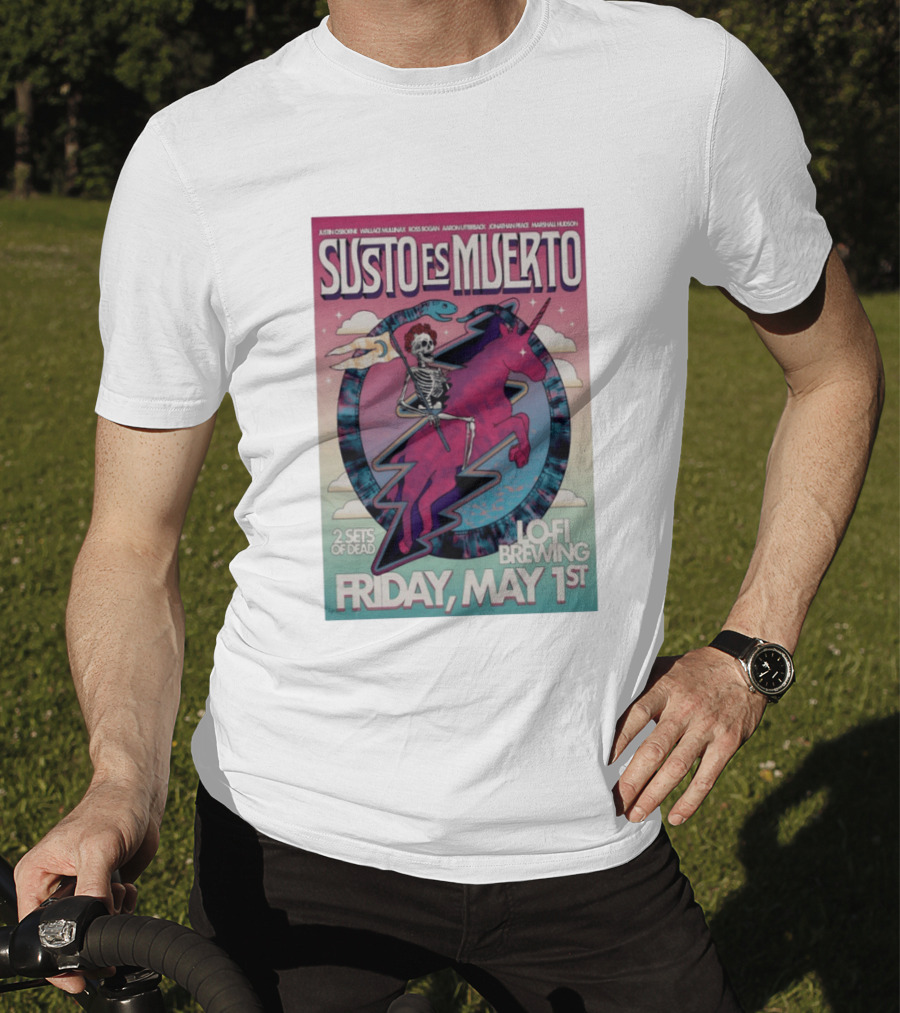 Susto Es Muerto Lofi Brewing May 1st Skeleton Riding Pegasus T-Shirt