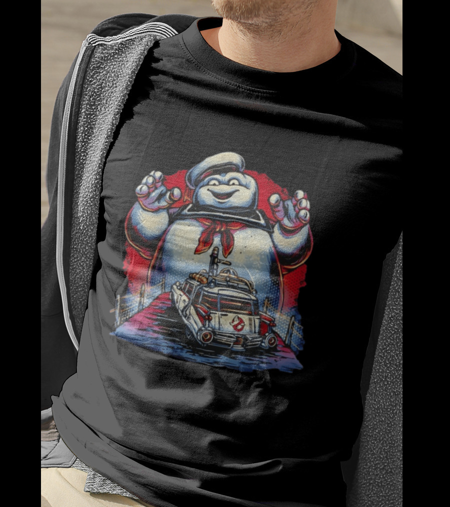 Ghostbusters Ecto 1 Meets Stay Puft Marshmallow Man Iconic Movie Scene T-Shirt