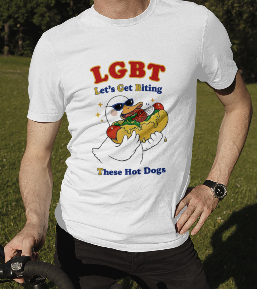 LGBT Goose Let's Get Biting These Hot Dogs Fun Pride Humor T-Shirt