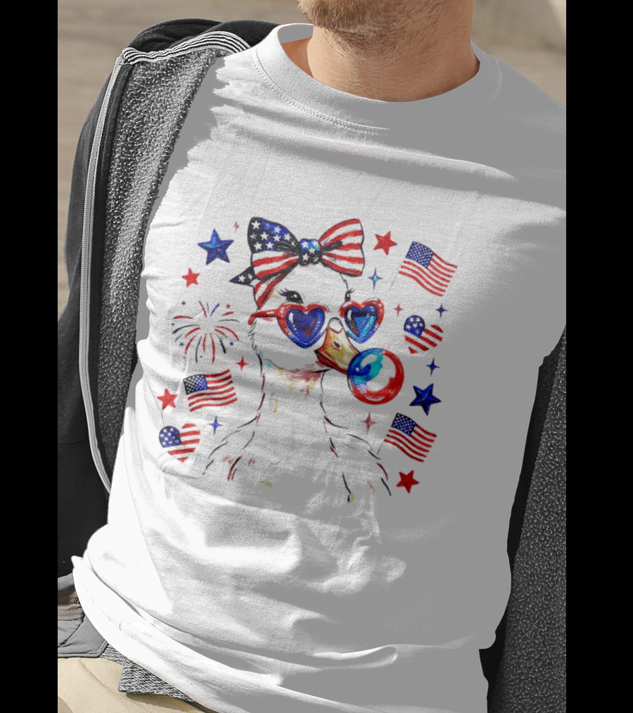 Preppy Patriotic Goose Coquette Fourth Of July With Stars And Stripes Sunglasses And Bow Tie T-Shirt