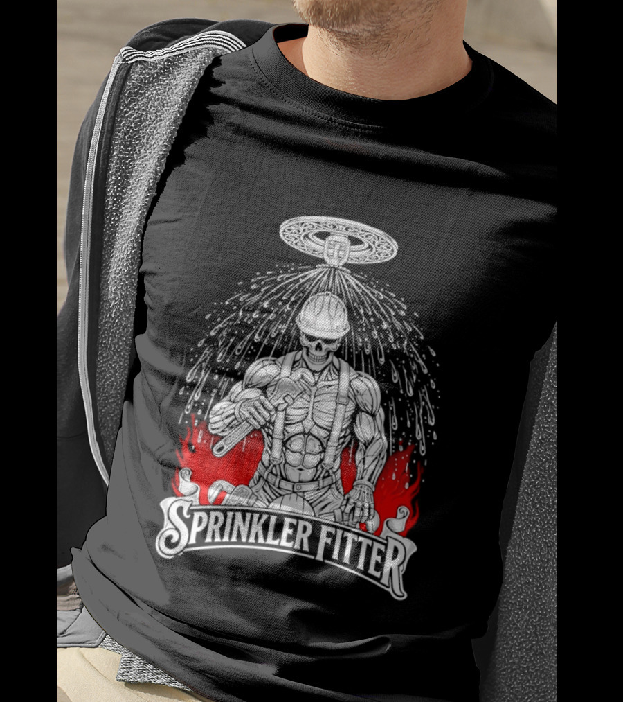 Skeleton Sprinkler Fitter With Fiery T-Shirt