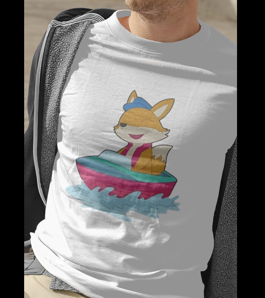Cheerful Fox Sailing In Colorful Boat With Blue Hat And Pink Life Vest T-Shirt