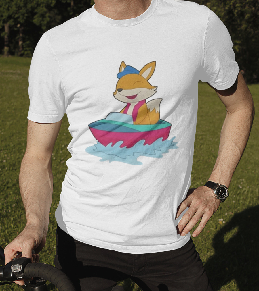 Cheerful Fox Sailing In Colorful Boat With Blue Hat And Pink Life Vest T-Shirt