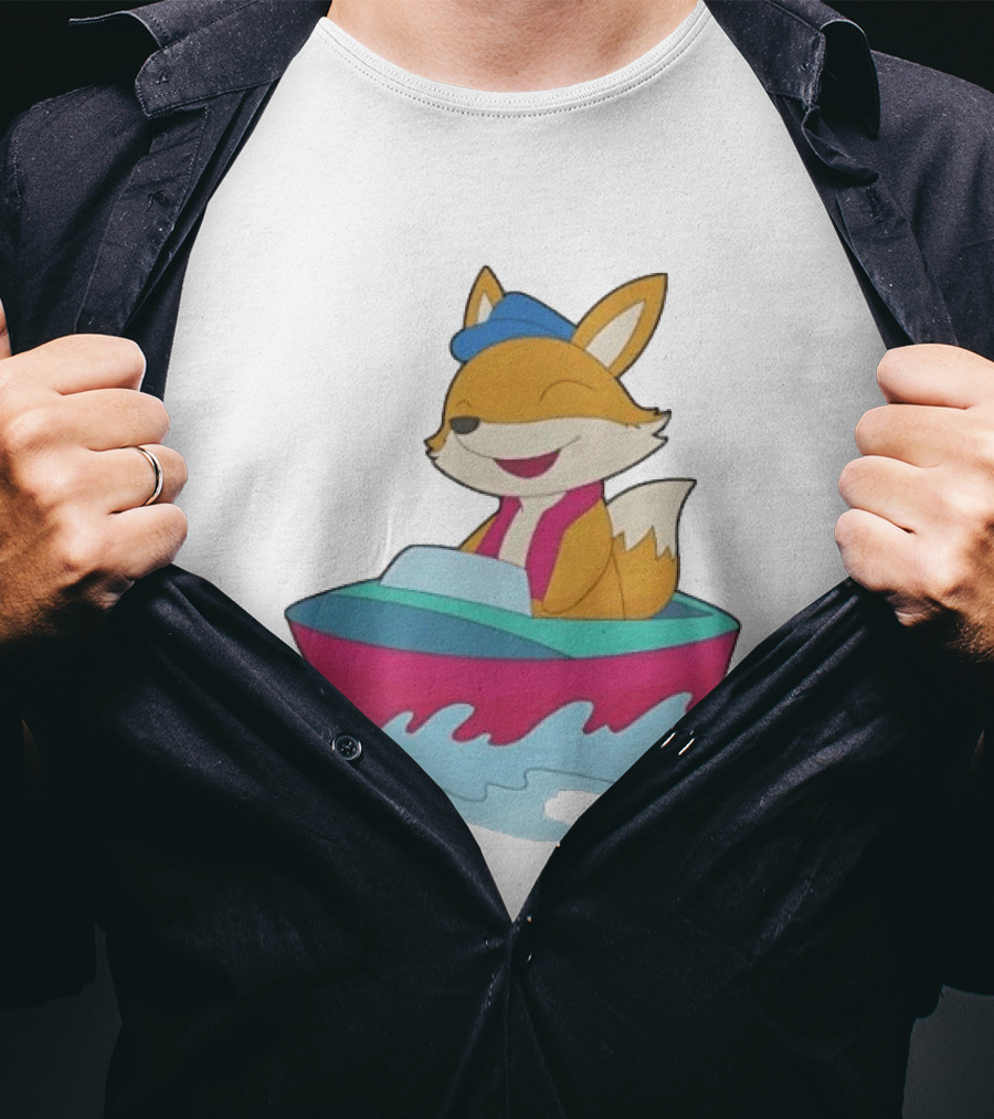 Cheerful Fox Sailing In Colorful Boat With Blue Hat And Pink Life Vest T-Shirt