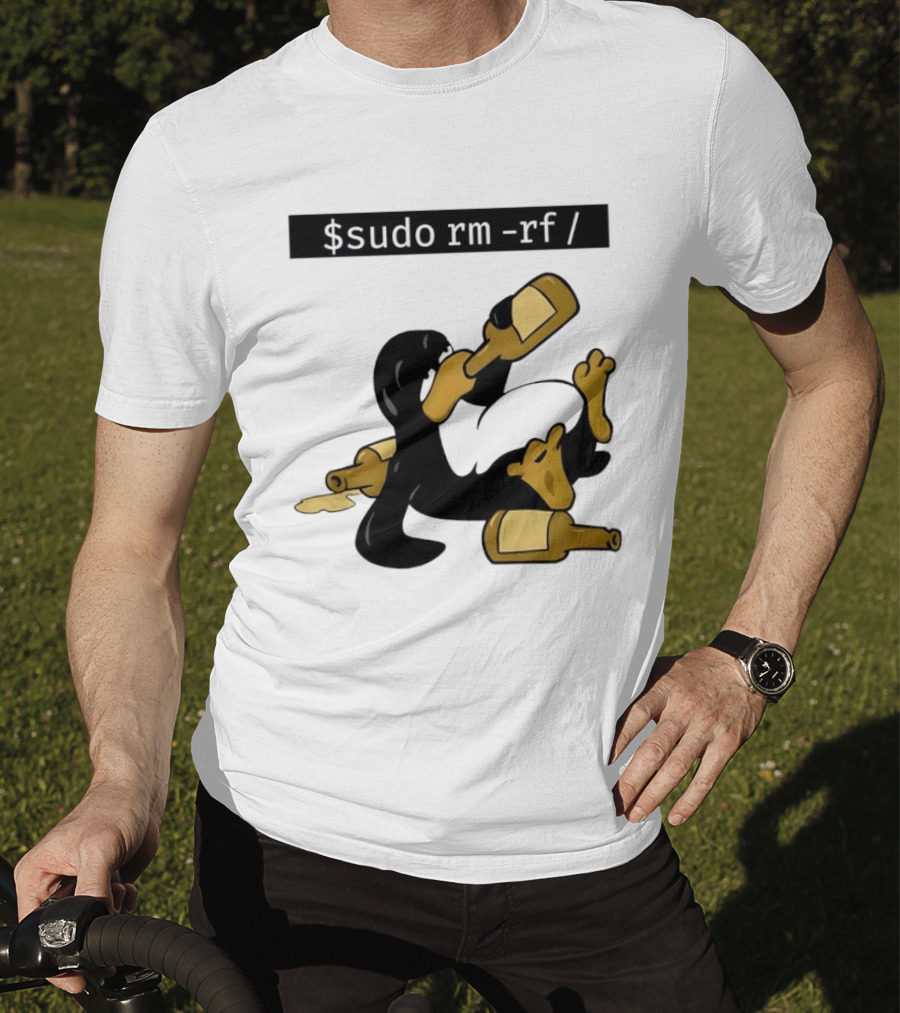 Penguin Linux Tux Drunk Sudo Rm Rf Command Bottles T-Shirt