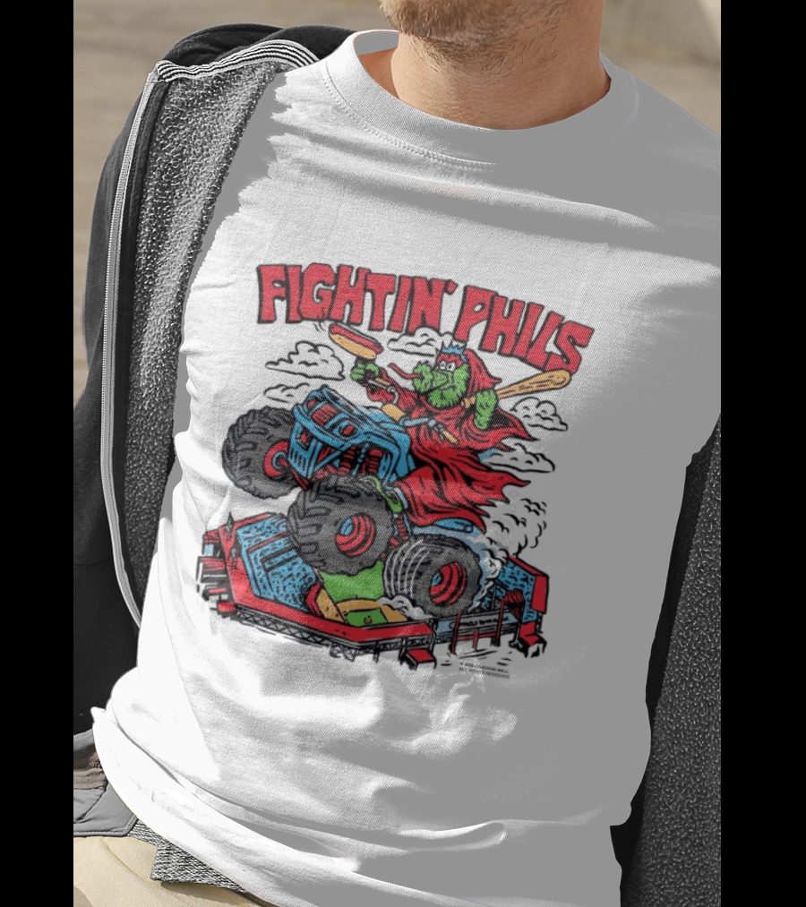 Fightin' Phils Monster Truck Creature Riding Over Baseball Stadium With Bats T-Shirt