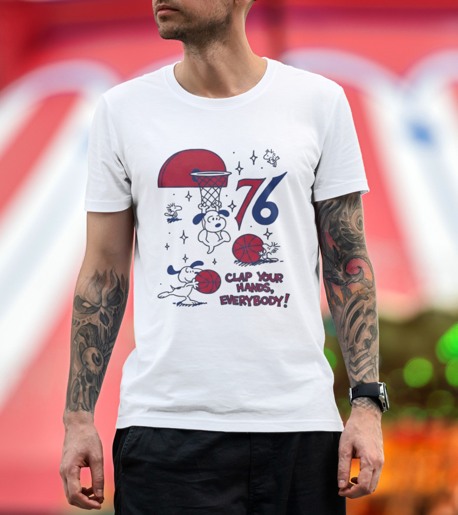Snoopy Philadelphia 76ers Clap Your Hands Everybody Basketball Theme With Red And Blue T-Shirt