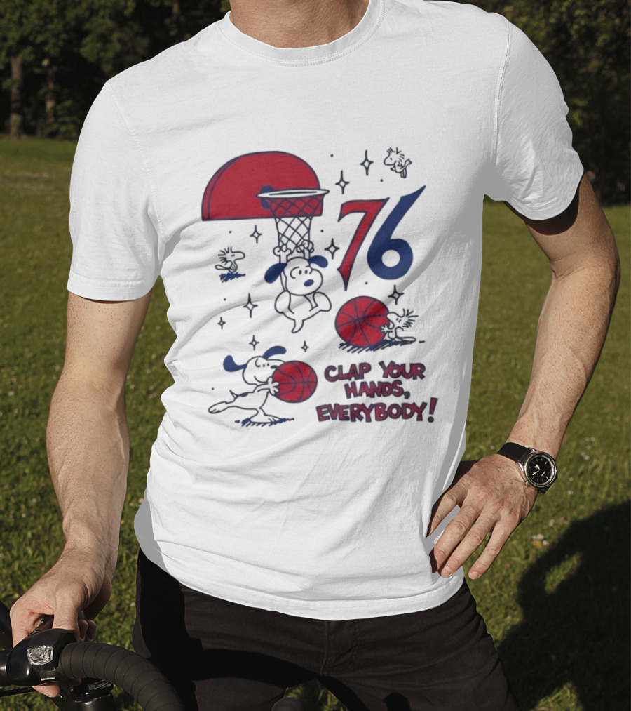 Snoopy Philadelphia 76ers Clap Your Hands Everybody Basketball Theme With Red And Blue T-Shirt