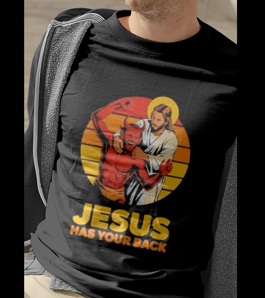 Jesus Has Your Back Vintage Illustration With Devil And Halo Symbolism T-Shirt
