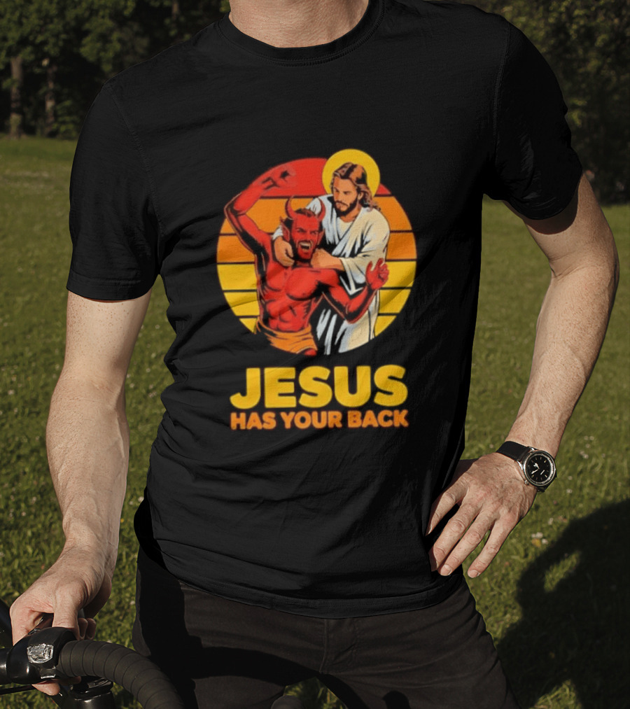 Jesus Has Your Back Vintage Illustration With Devil And Halo Symbolism T-Shirt