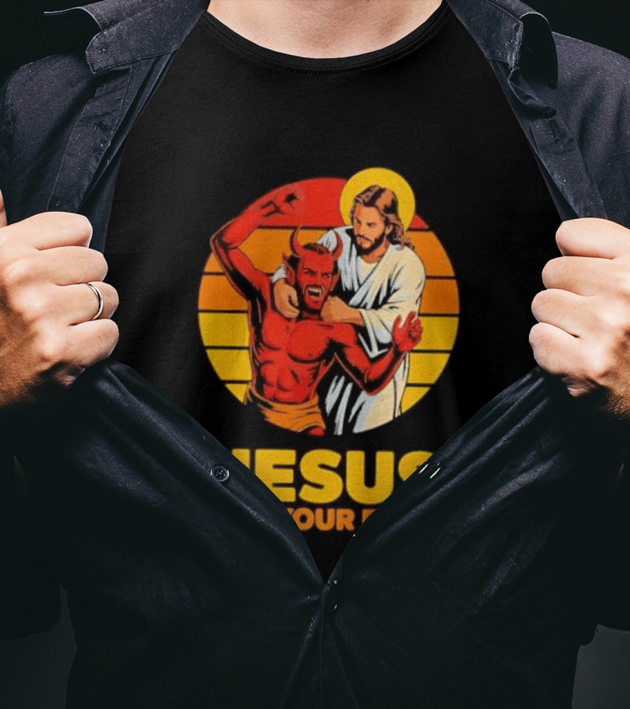 Jesus Has Your Back Vintage Illustration With Devil And Halo Symbolism T-Shirt