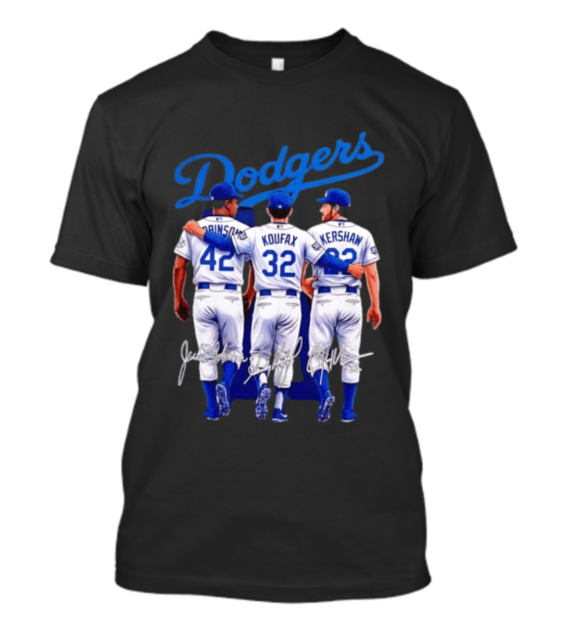 Los Angeles Dodgers Legendary Trio Jackie Robinson Sandy Koufax Clayton Kershaw Signatures T-Shirt