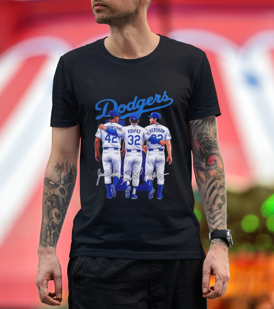 Los Angeles Dodgers Legendary Trio Jackie Robinson Sandy Koufax Clayton Kershaw Signatures T-Shirt