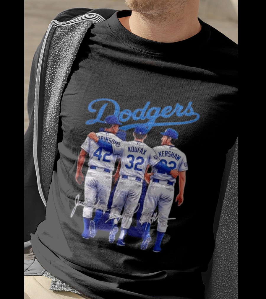 Los Angeles Dodgers Legendary Trio Jackie Robinson Sandy Koufax Clayton Kershaw Signatures T-Shirt