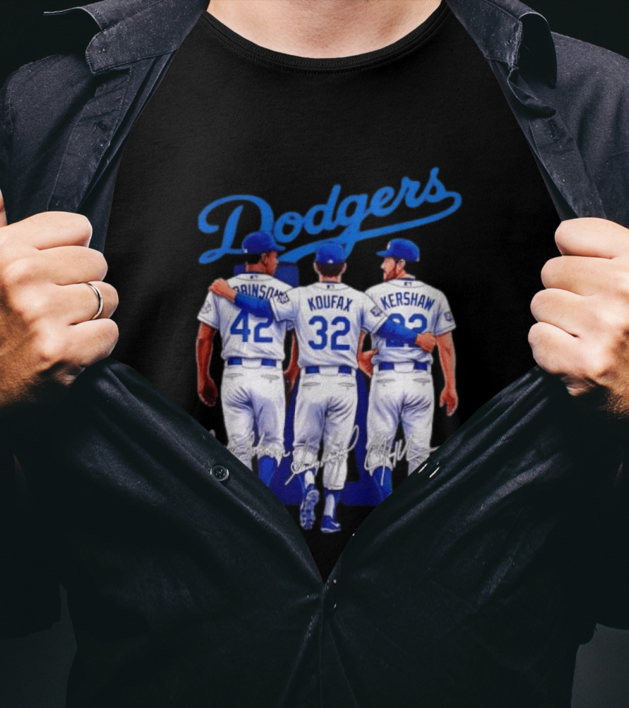 Los Angeles Dodgers Legendary Trio Jackie Robinson Sandy Koufax Clayton Kershaw Signatures T-Shirt