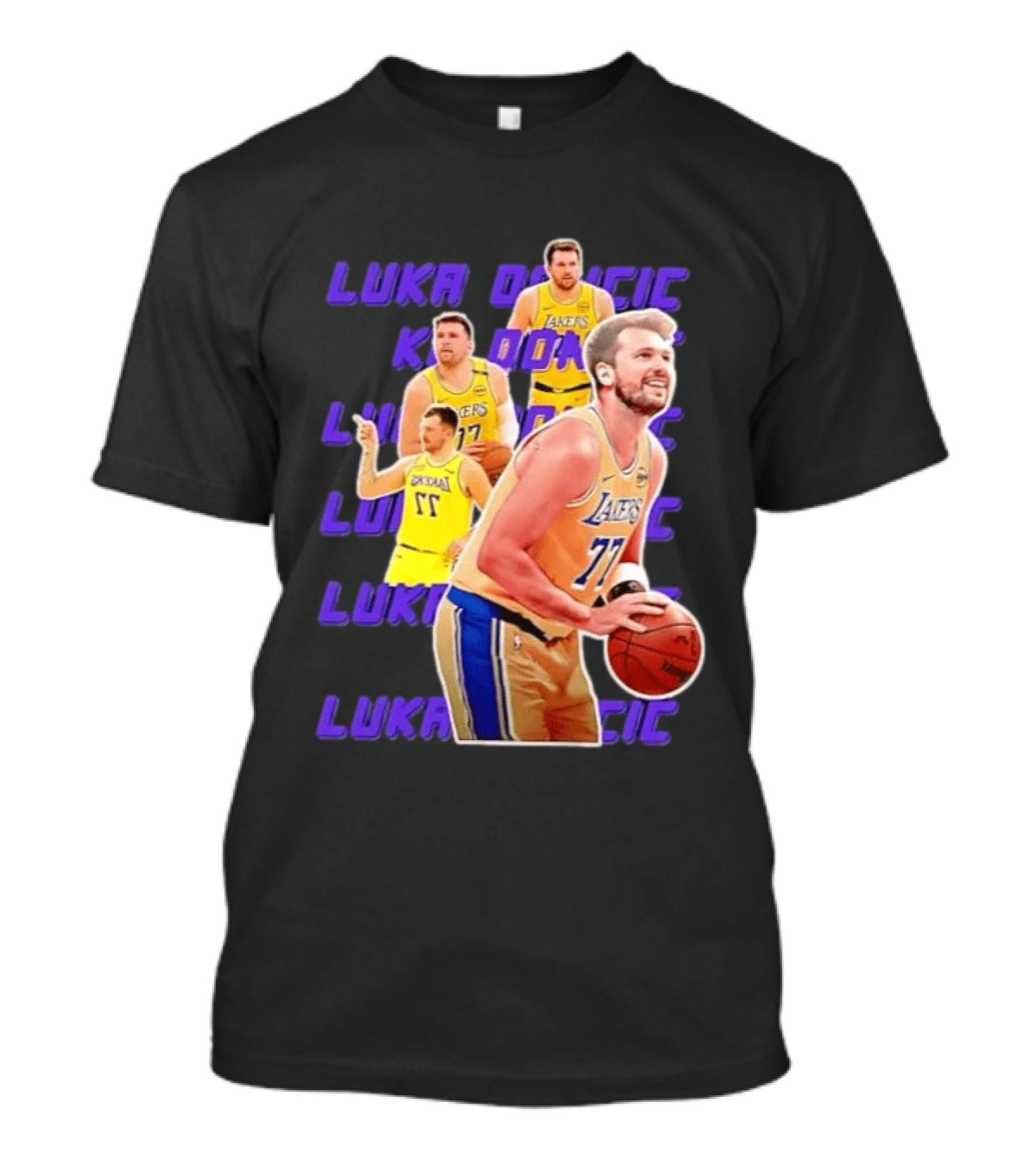 Luka Doncic Lakers 77 Action Shot Multiple Pose Purple Basketball Display T-Shirt