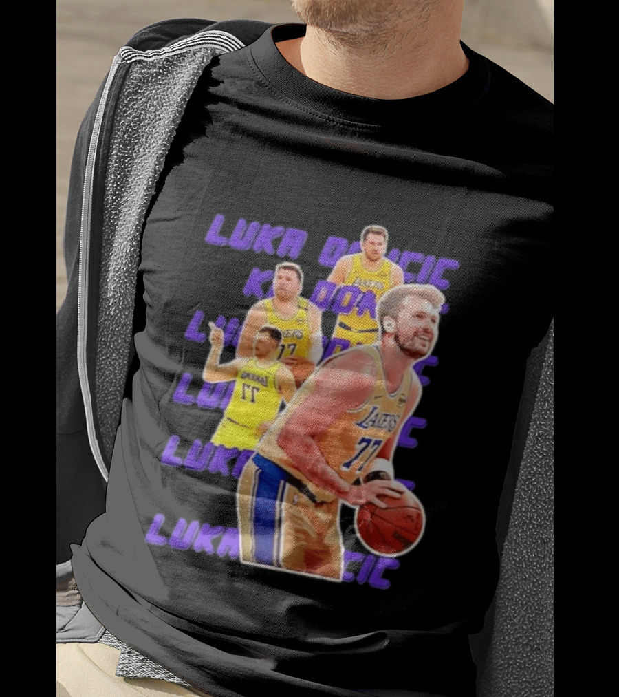 Luka Doncic Lakers 77 Action Shot Multiple Pose Purple Basketball Display T-Shirt