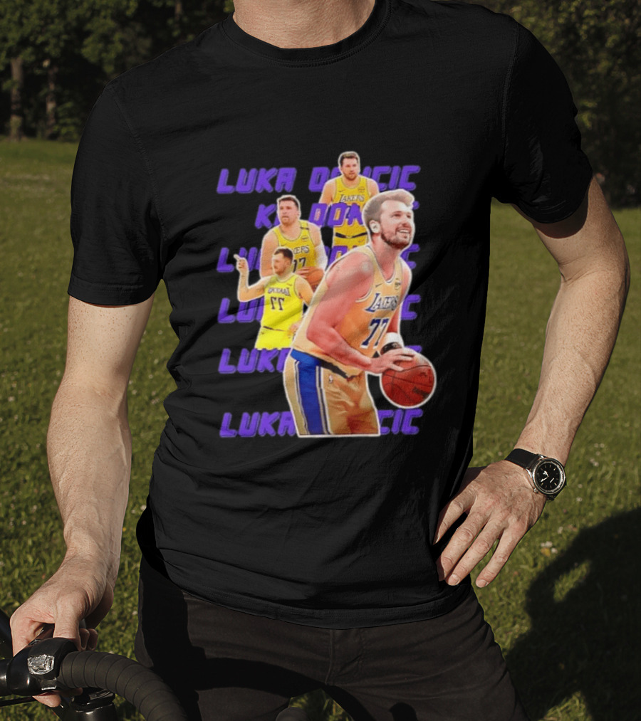 Luka Doncic Lakers 77 Action Shot Multiple Pose Purple Basketball Display T-Shirt