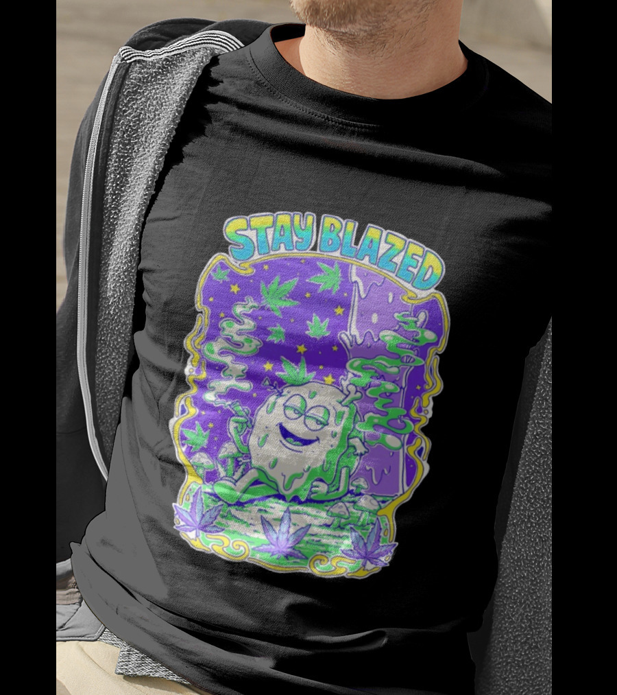Stay Blazed Trippy Cannabis Character Psychedelic Art Leafs And Mushrooms T-Shirt