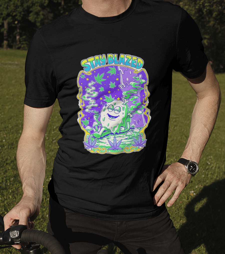 Stay Blazed Trippy Cannabis Character Psychedelic Art Leafs And Mushrooms T-Shirt