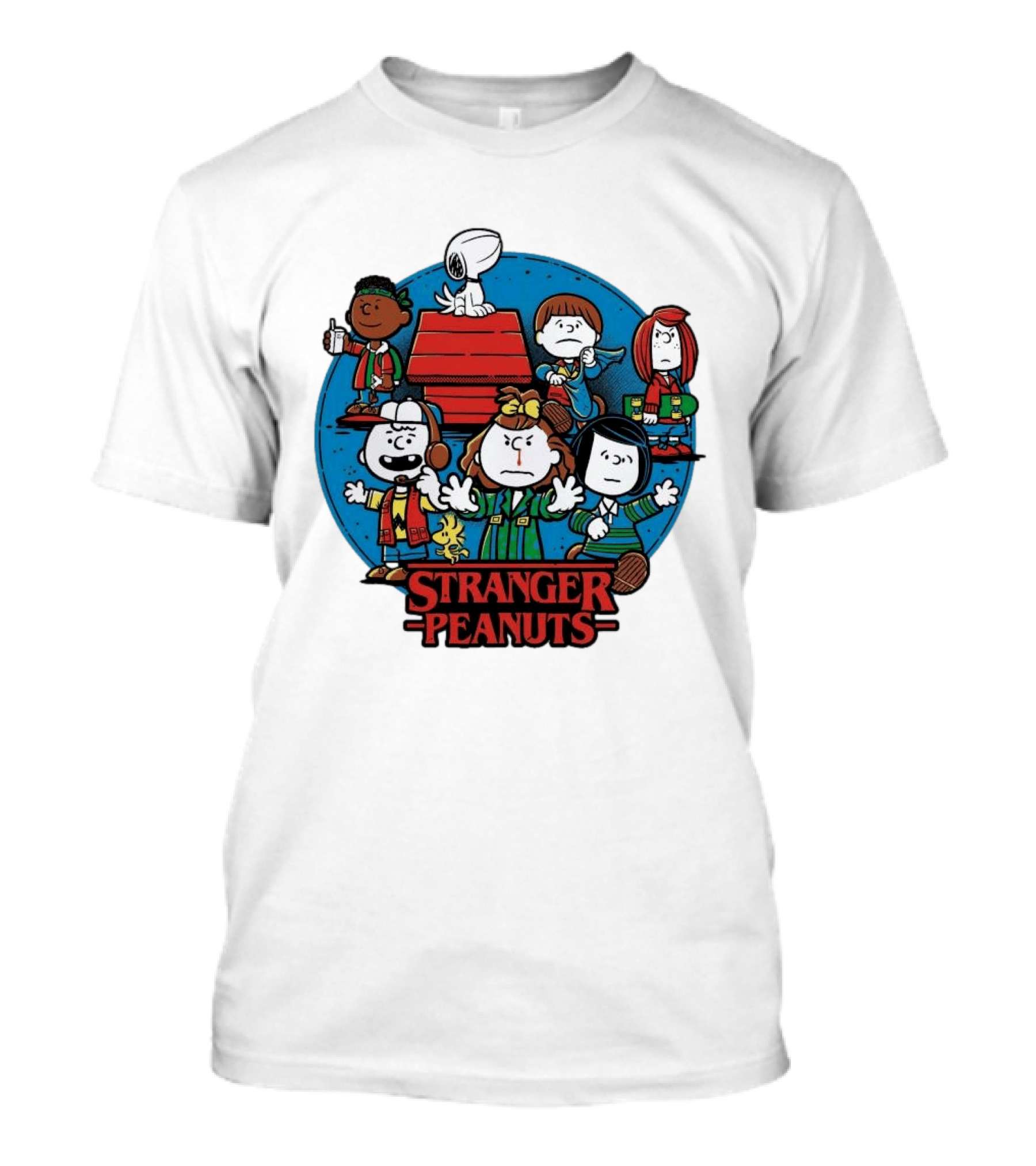 Stranger Peanuts Cartoon Characters Crossover Red Doghouse Blue Circle T-Shirt