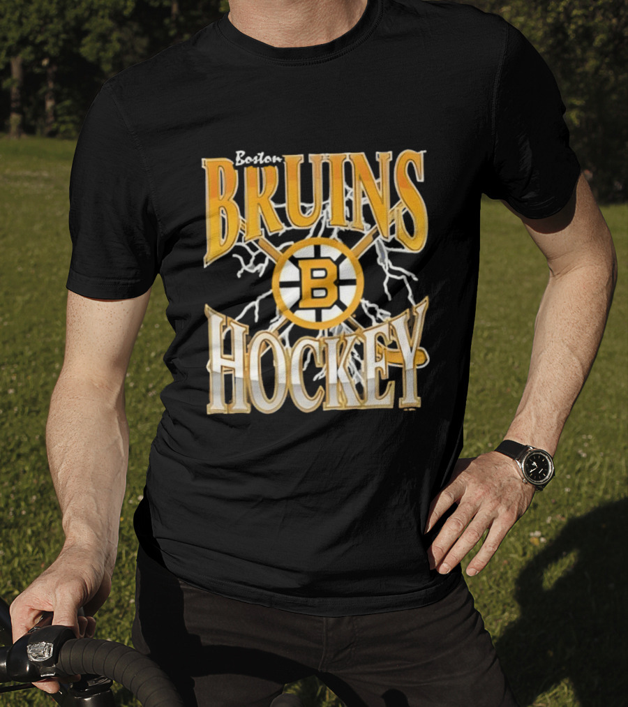 Boston Bruins Hockey B Logo Crossed Sticks Lightning T-Shirt
