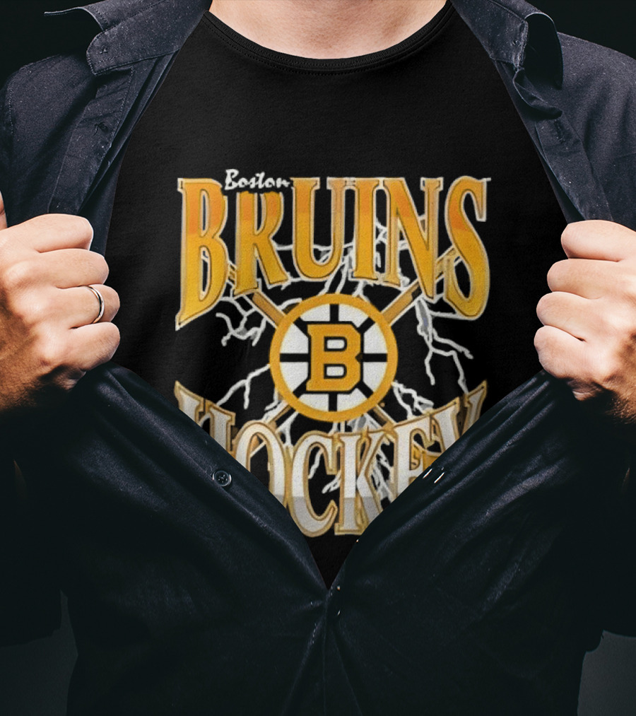 Boston Bruins Hockey B Logo Crossed Sticks Lightning T-Shirt