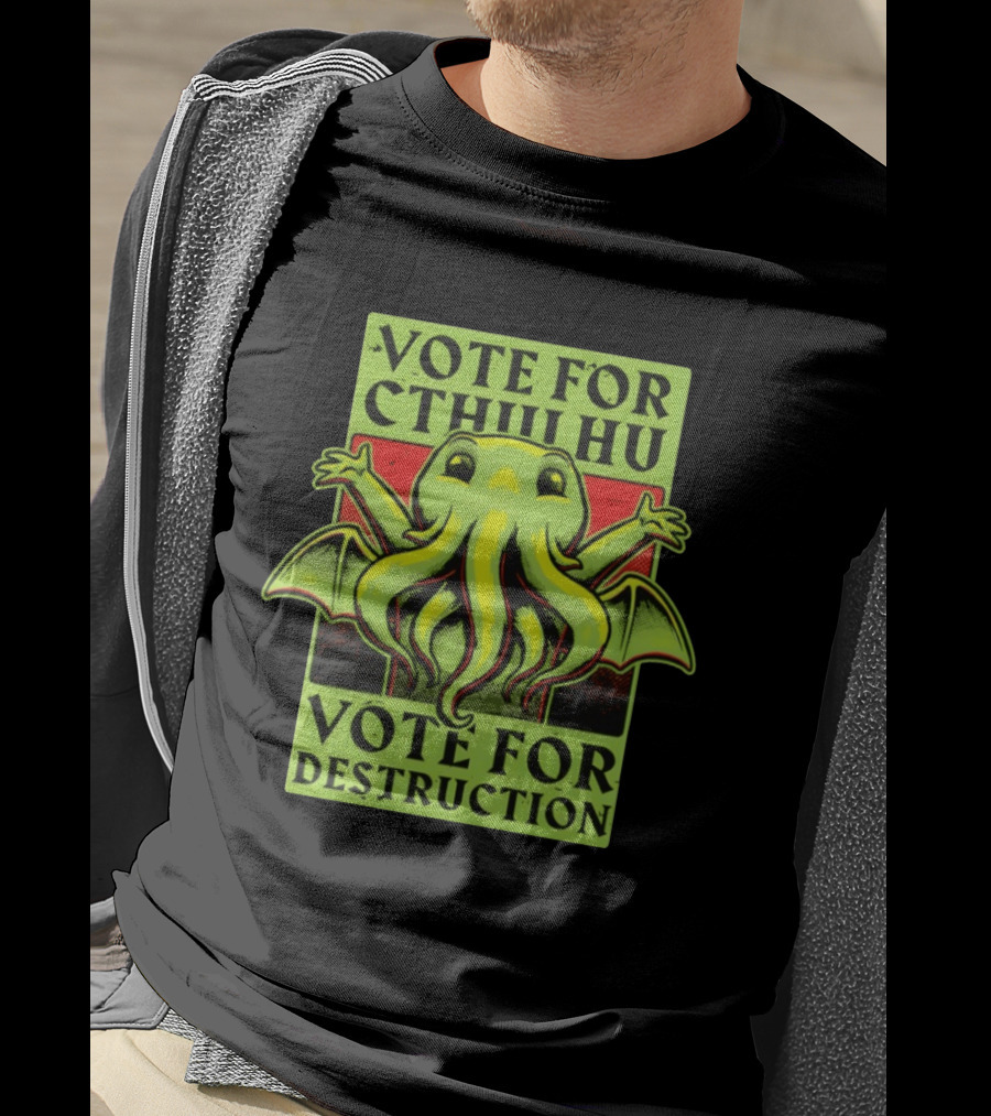 Vote For Cthulhu For Destruction Cartoon Alien Creature With Tentacles And Wings T-Shirt