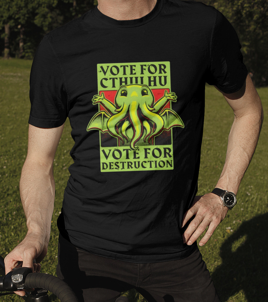 Vote For Cthulhu For Destruction Cartoon Alien Creature With Tentacles And Wings T-Shirt
