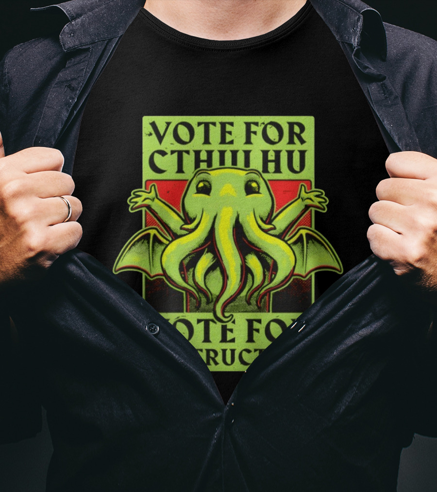 Vote For Cthulhu For Destruction Cartoon Alien Creature With Tentacles And Wings T-Shirt