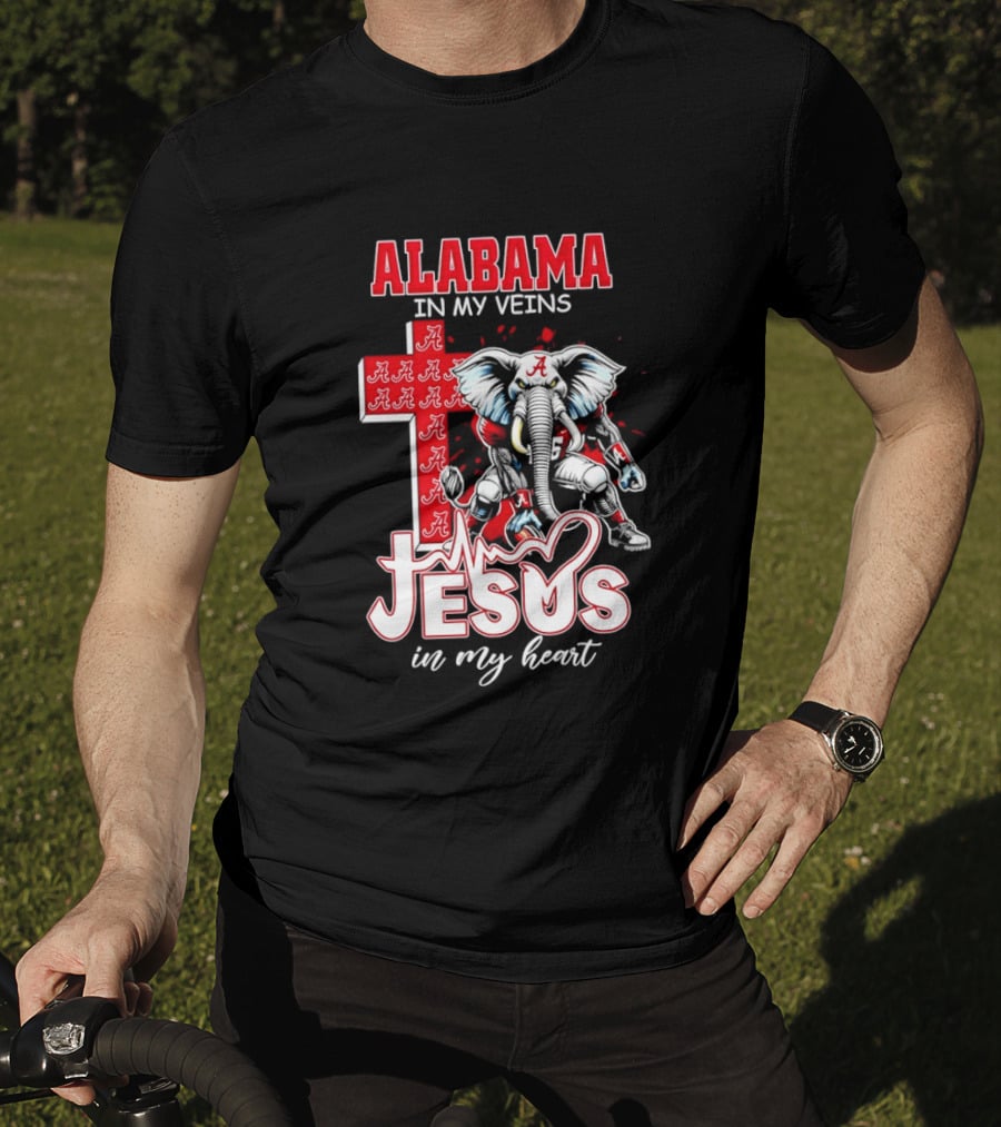 Alabama Crimson Tide In My Veins Jesus In My Heart Elephant Cross T-Shirt