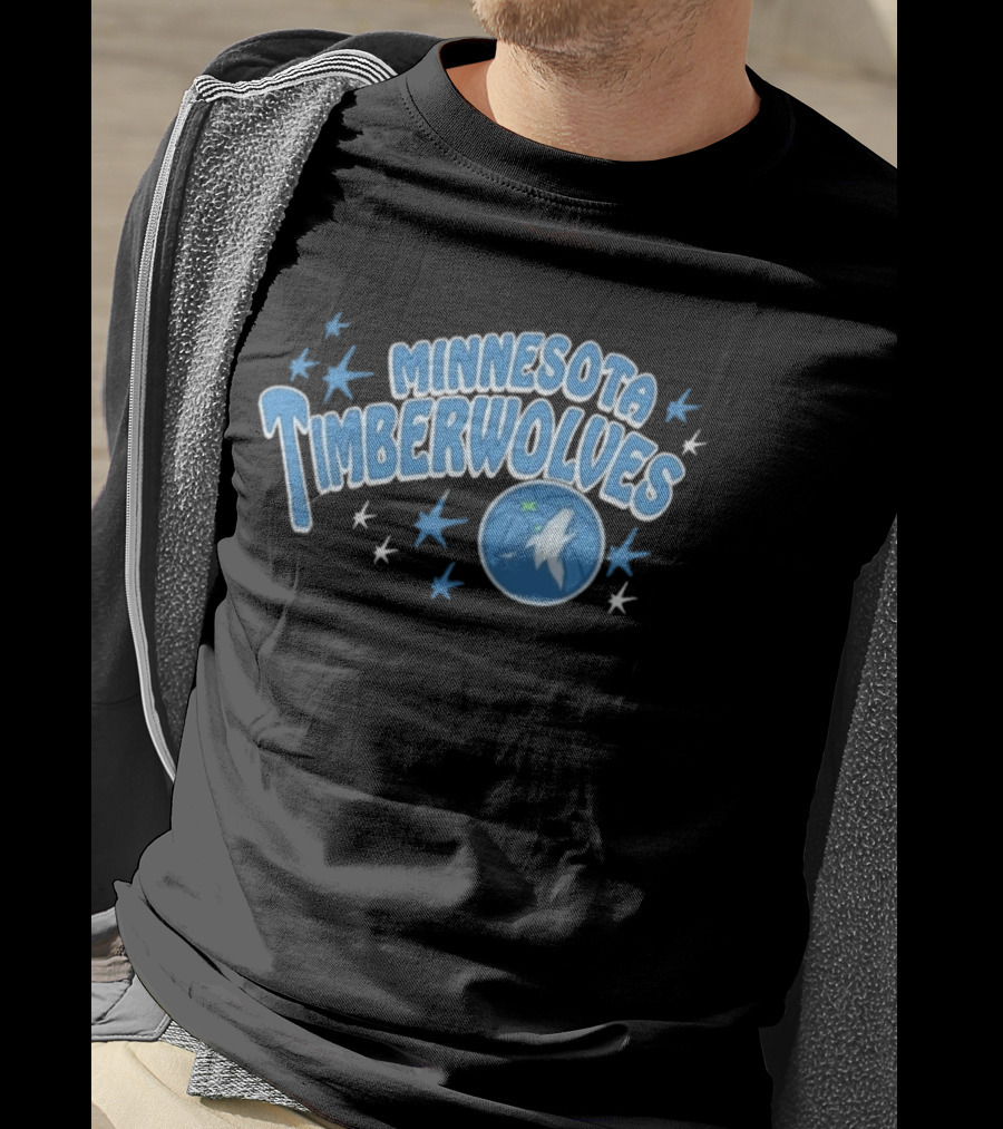 Minnesota Timberwolves Starter Black Fireworks Starry Blue Basketball Wolf T-Shirt