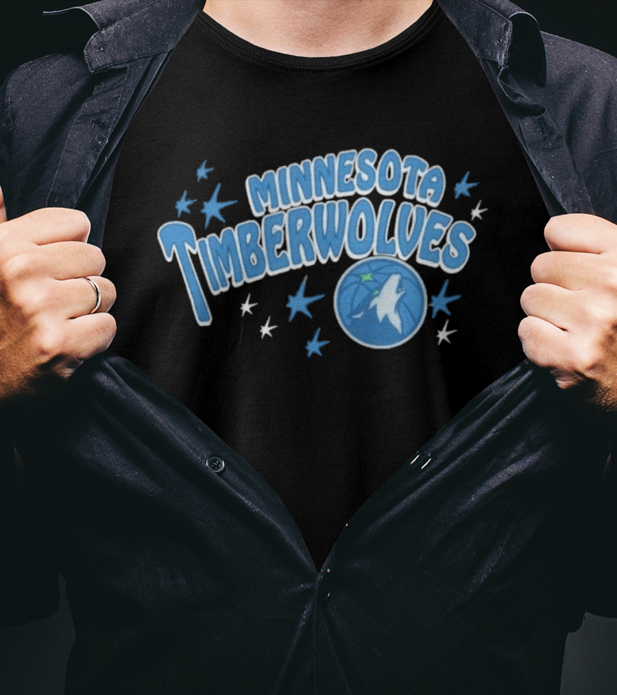 Minnesota Timberwolves Starter Black Fireworks Starry Blue Basketball Wolf T-Shirt