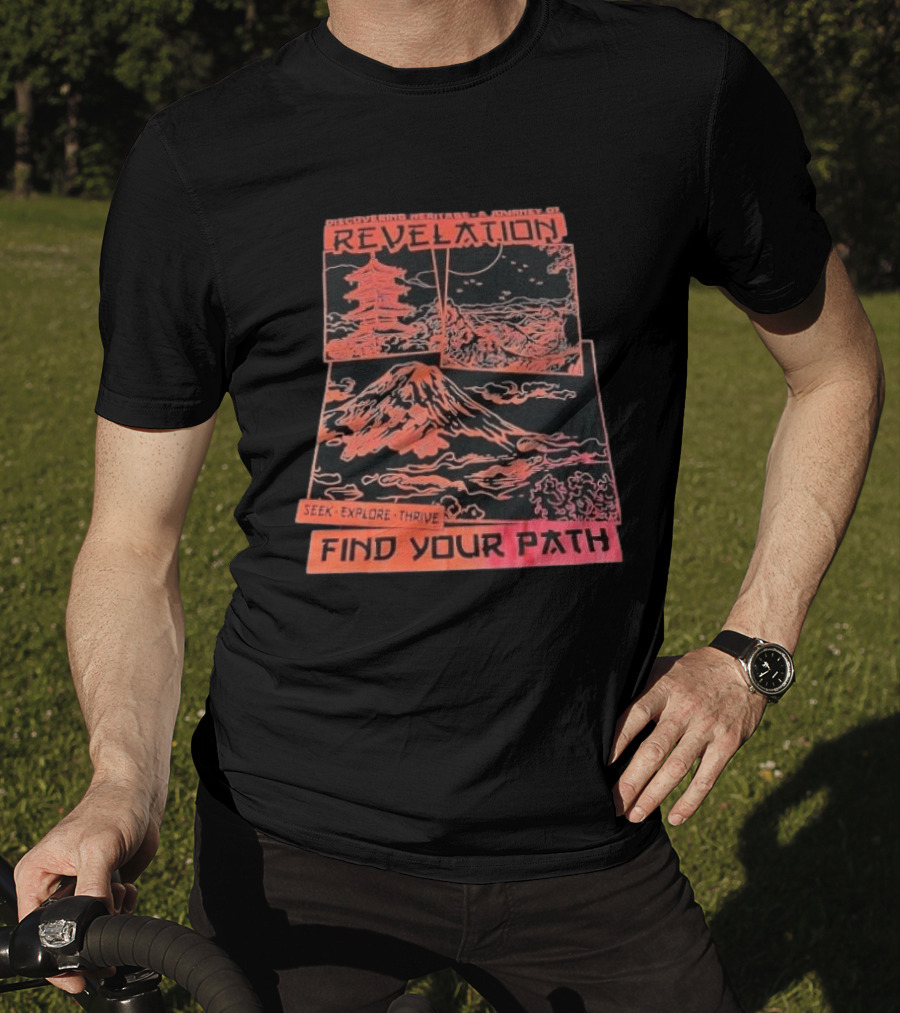 Discovering Heritage Journey Revelation Seek Explore Thrive Find Your Path Mountain Pagoda Landscape T-Shirt