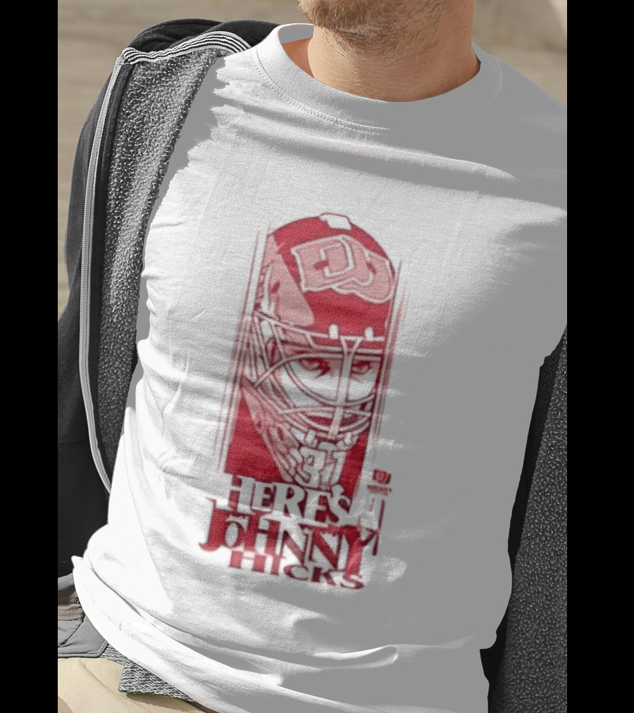 Here's Johnny Hicks Denver Pioneers Men's Ice Hockey Mask DJ T-Shirt