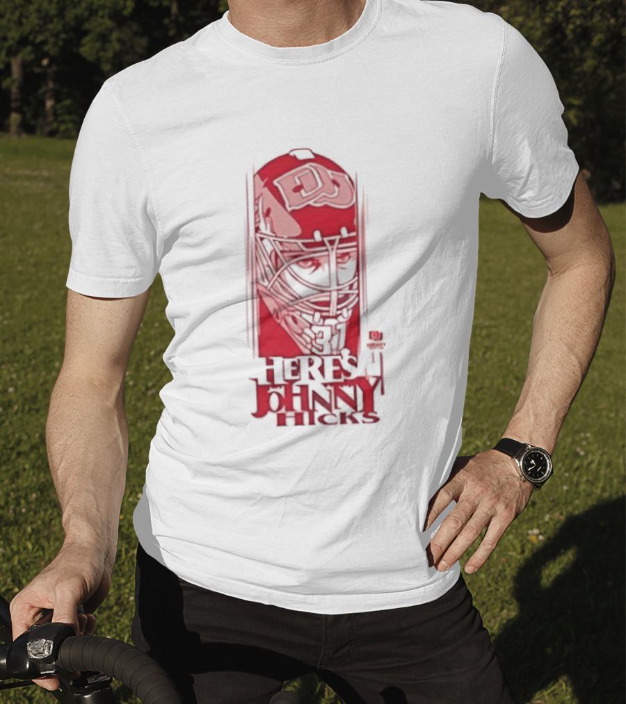 Here's Johnny Hicks Denver Pioneers Men's Ice Hockey Mask DJ T-Shirt