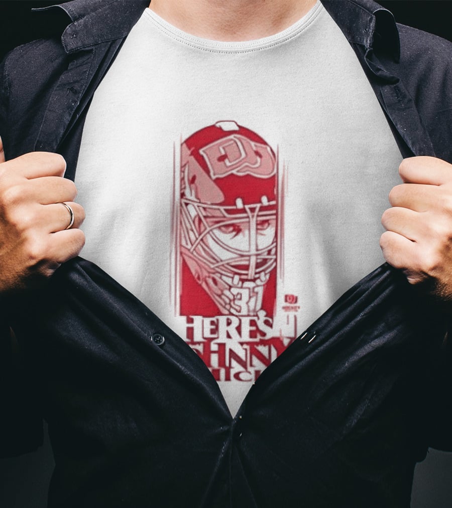 Here's Johnny Hicks Denver Pioneers Men's Ice Hockey Mask DJ T-Shirt