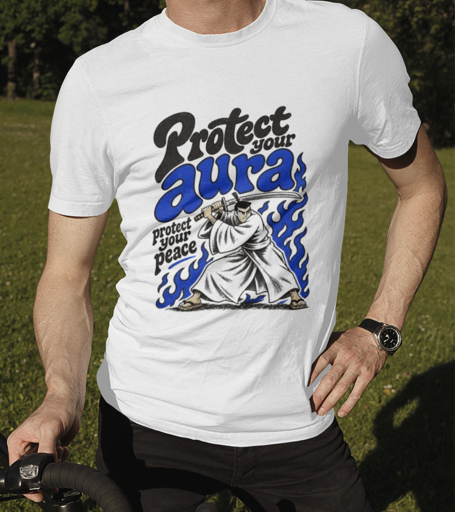 Protect Your Aura Samurai Protect Your Peace Blue Flames T-Shirt