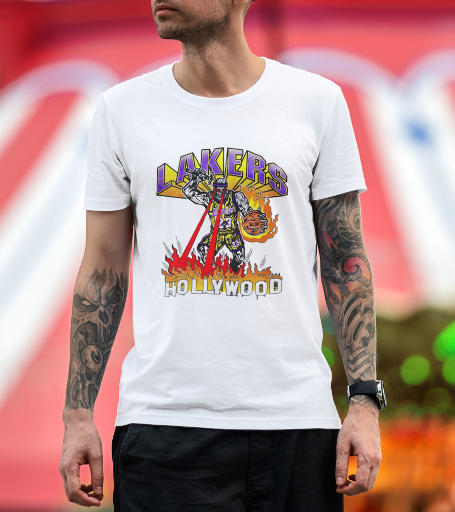 Rare Warren Lotas Los Angeles Lakers Hollywood Basketball Player Flames Laser Eyes 23 Team T-Shirt