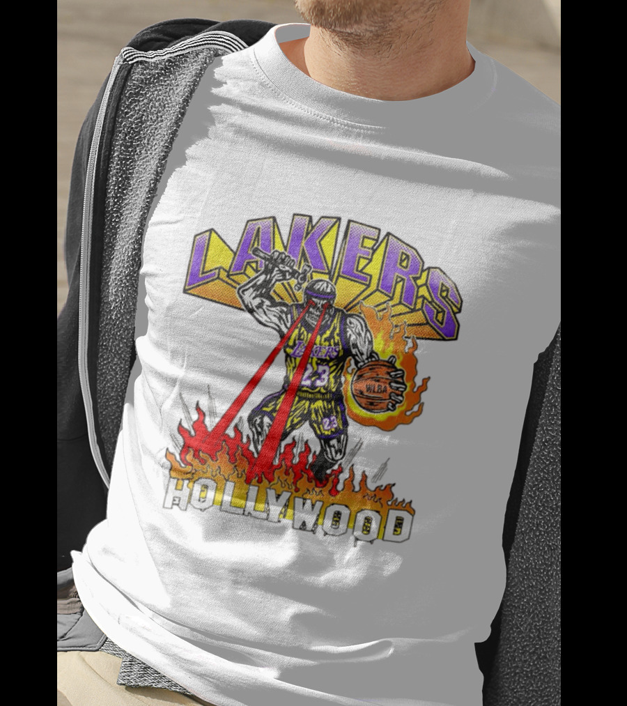 Rare Warren Lotas Los Angeles Lakers Hollywood Basketball Player Flames Laser Eyes 23 Team T-Shirt