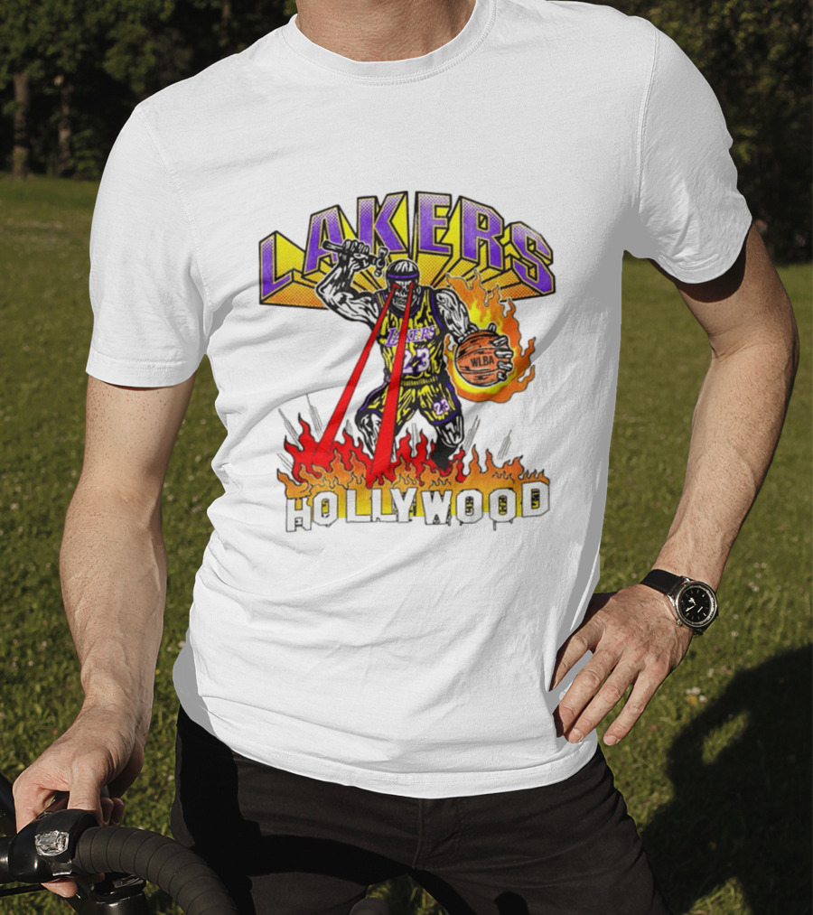 Rare Warren Lotas Los Angeles Lakers Hollywood Basketball Player Flames Laser Eyes 23 Team T-Shirt
